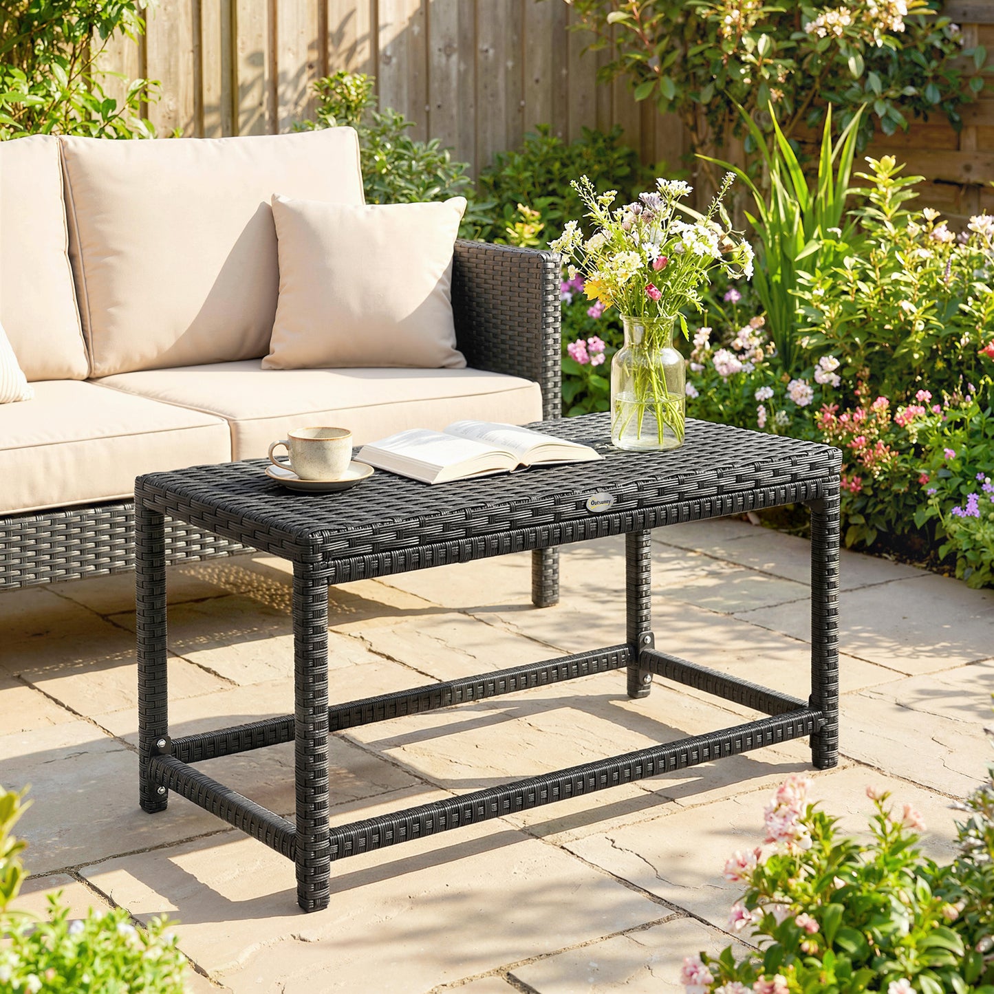 Outsunny Outdoor Coffee Table Side Table with Rectangular Frame for Patio, Balcony, Black