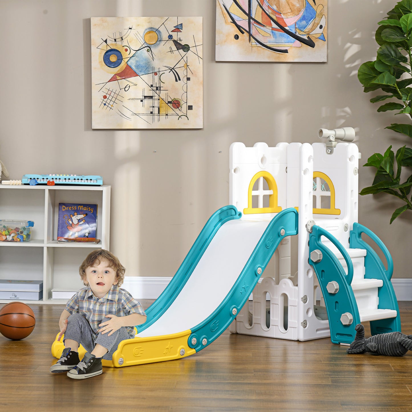 AIYAPLAY 5 in 1 Toddler Slide with Basketball Hoop, Climber, Telescope, Storage Basket, for Ages 1-3 Years, Yellow
