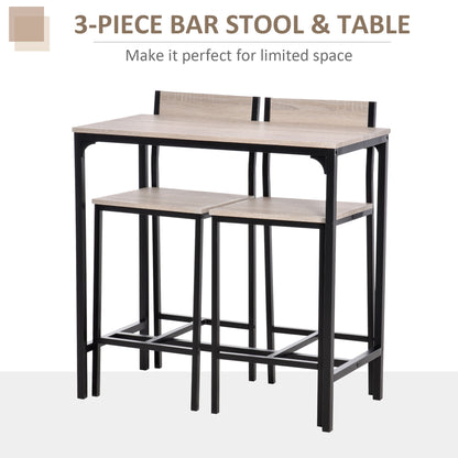 HOMCOM 3-Piece Bar Table Set with 2 Stools, Industrial Breakfast Bar Set with Footrest, Backrest for Dining Room, Small Space