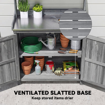 Outsunny Wooden Potting Bench Table with Aluminium Worktop, Outdoor Garden Workbench with Top Shelf and Cabinet Storage