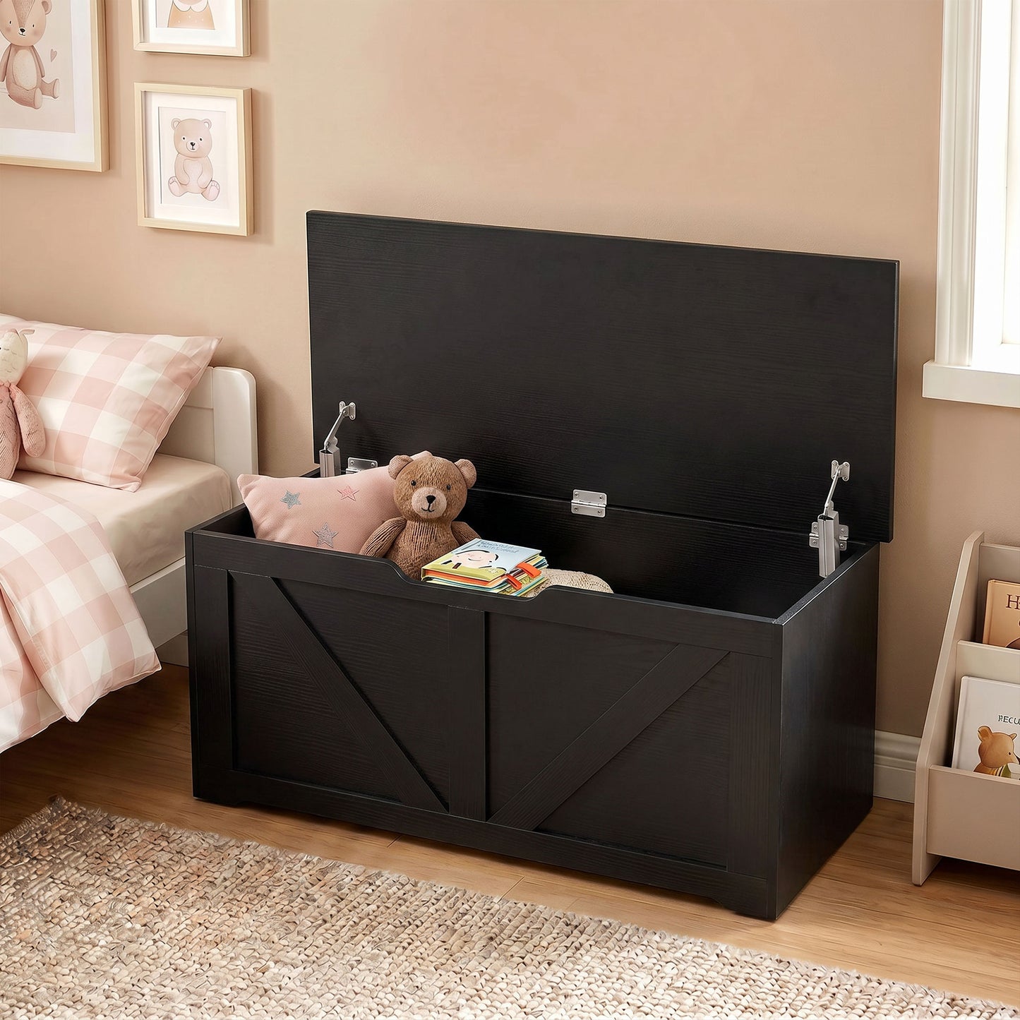 HOMCOM 127L Home Storage Box, with Safety Hinges - Black Wood-Effect