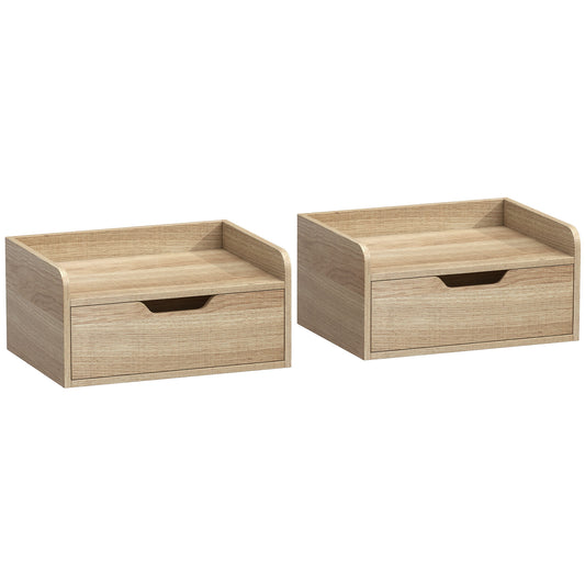 HOMCOM Floating Nightstands Set of 2, Wall Mounted Bedside Table with Drawer for Bedroom, Natural Wood