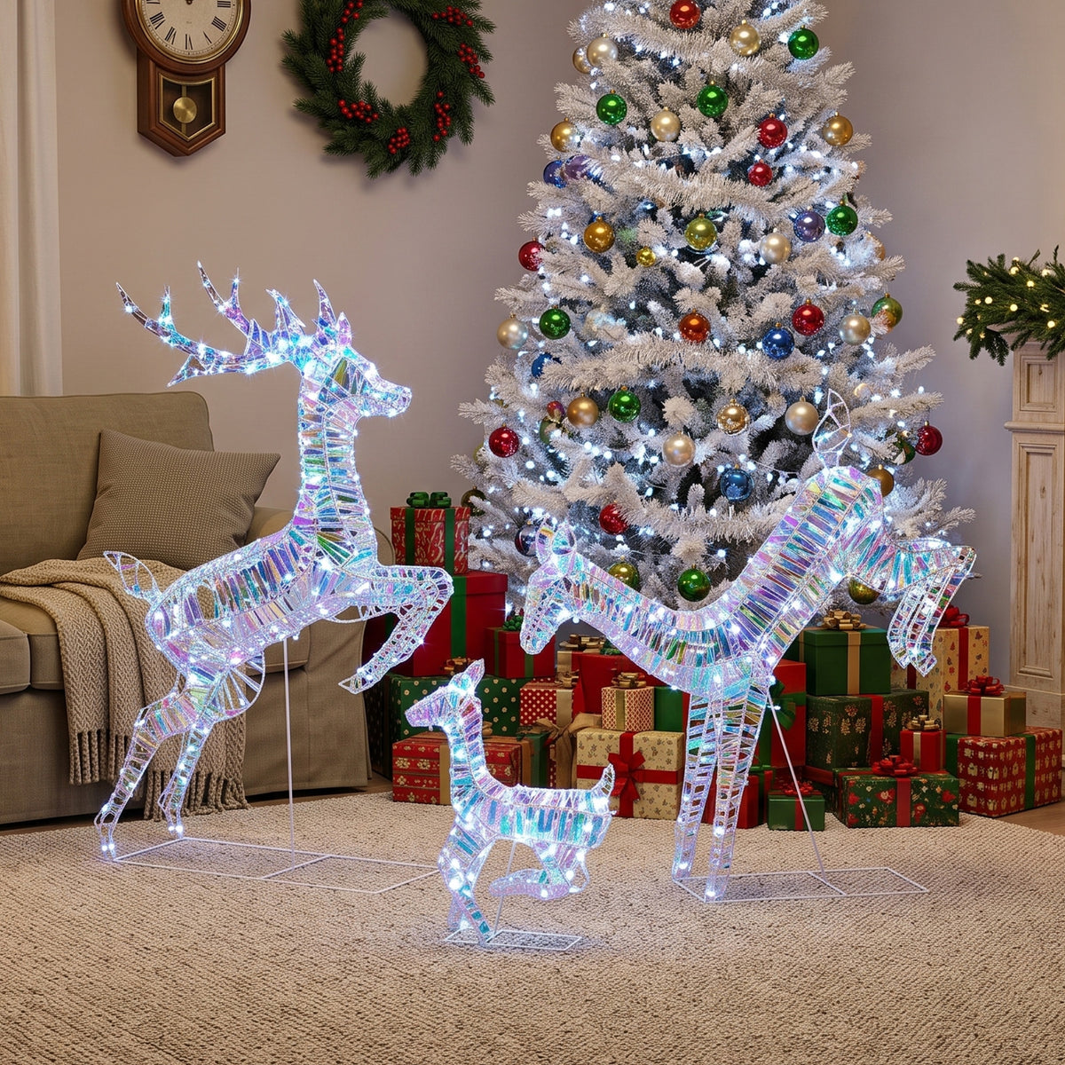 Outsunny 3-Piece Lighted Reindeer Family Set, Iridescent Outdoor Christmas Decoration, Deer Family with 8 Modes, Daily Timer
