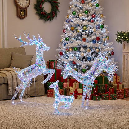 Outsunny 3-Piece Lighted Reindeer Family Set, Iridescent Outdoor Christmas Decoration, Deer Family with 8 Modes, Daily Timer