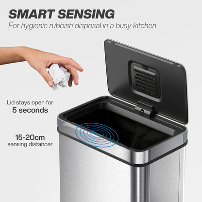 HOMCOM 60 L Sensor Can,  Sensor Bin with Soft-Close Lid, Fingerprint-Proof Stainless Steel, Silver Tone
