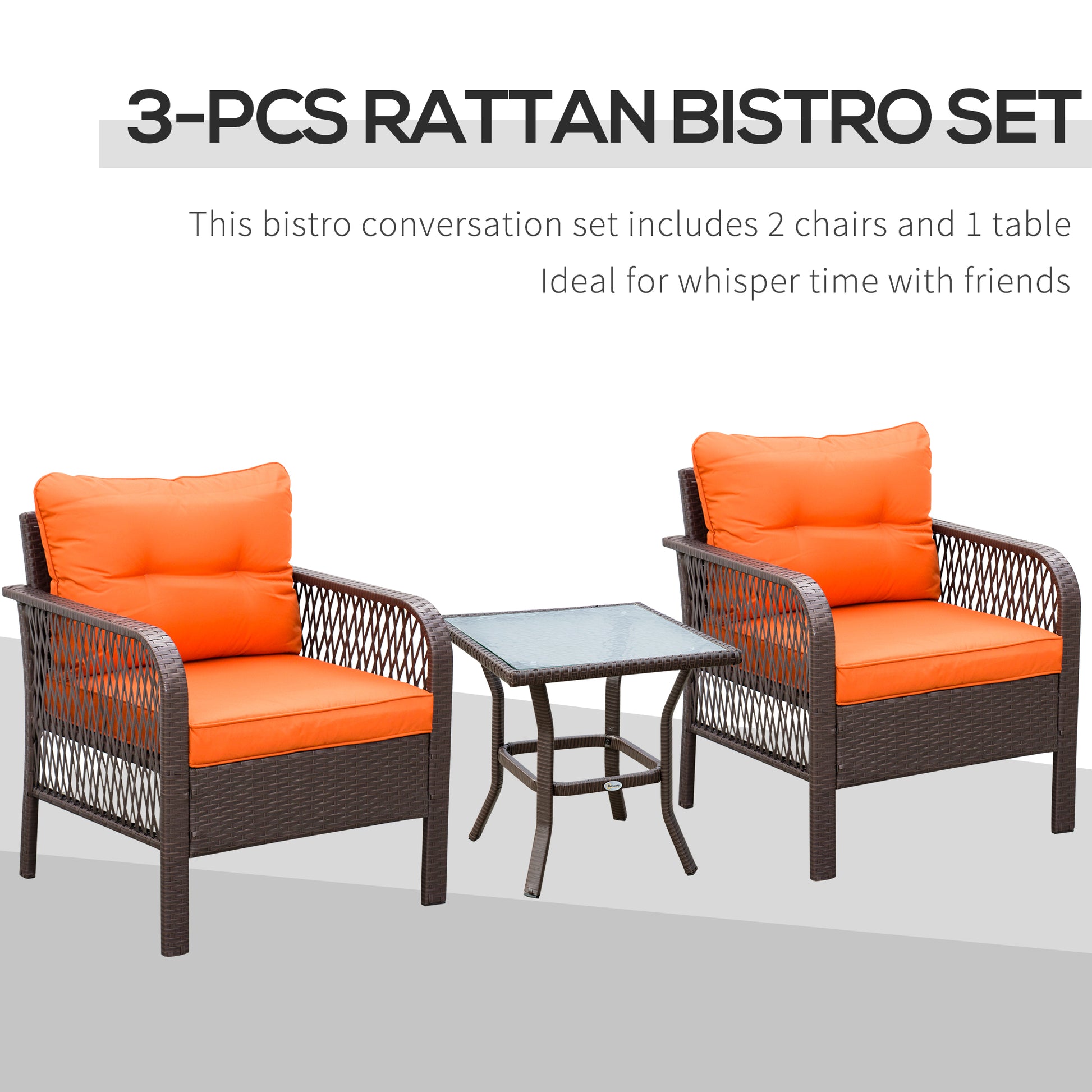 Outsunny 3 Pieces Rattan Bistro Set with Glass Top Coffee Table, Chairs and Cushions for Outdoor, Patio, Balcony, Orange--ChewyGames-ChewyGames