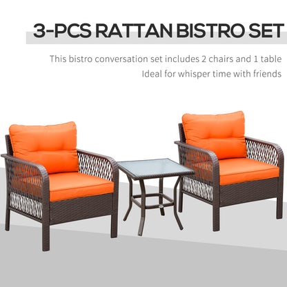 Outsunny 3 Pieces Rattan Bistro Set with Glass Top Coffee Table, Chairs and Cushions for Outdoor, Patio, Balcony, Orange--ChewyGames-ChewyGames