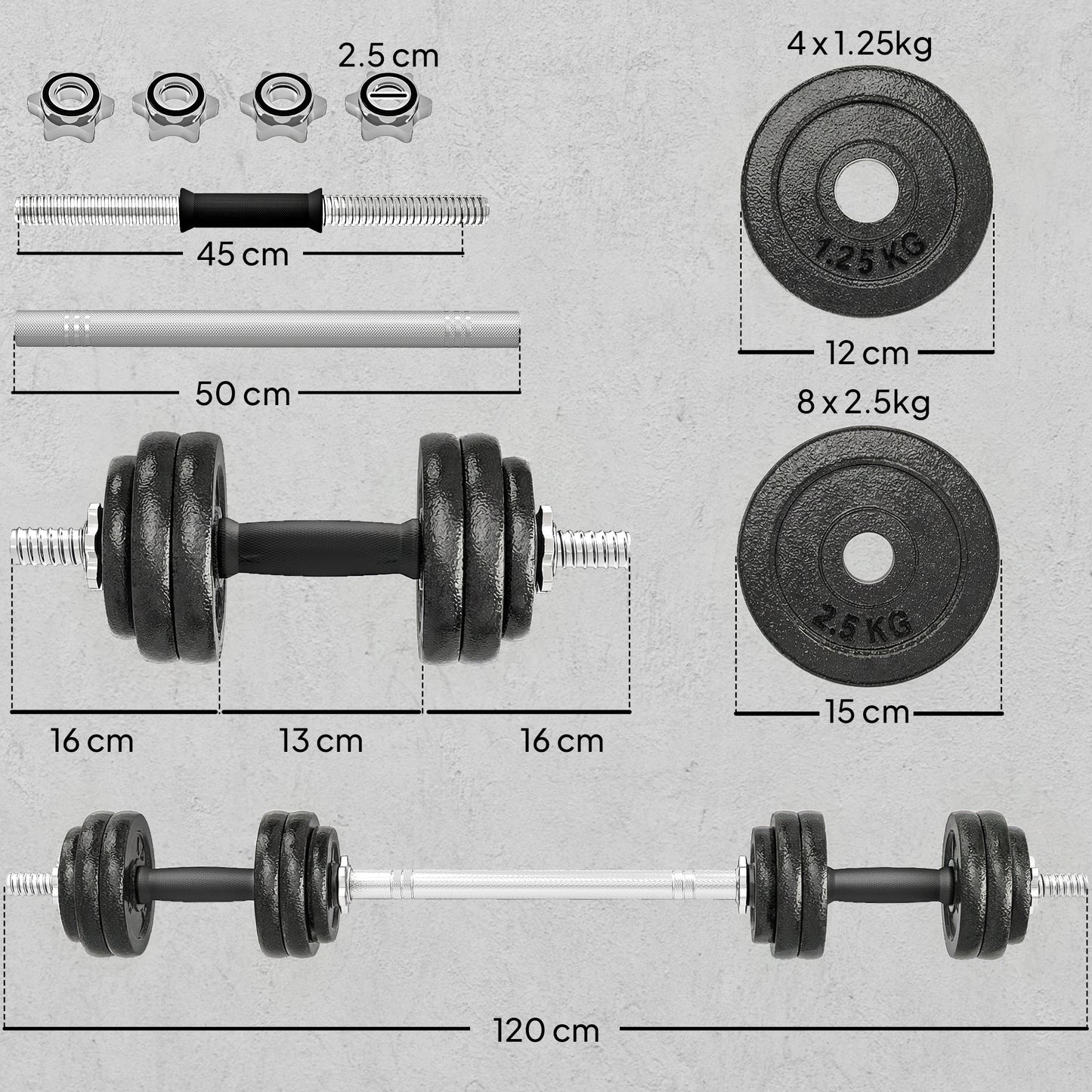 SPORTNOW 2-in-1 Adjustable Dumbbells Set, 30kg Cast Iron Weights Dumbbells Set with Non-Slip Grip for Strength Training, Weight Lifting, Bodybuilding, Home Gym Workout Equipment for Men & Women