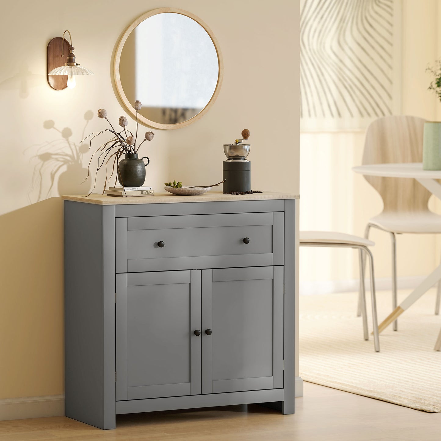 HOMCOM Sideboard Storage Cabinet, Morden Kitchen Cupboard with Adjustable Shelf, Drawer and Double Doors, Sideboard for Living Room, Dining Room, Hallway, Grey