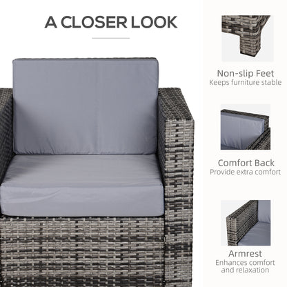 Outsunny Rattan Garden Armchair 10cm Cushion Outdoor Single Chair with Steel Frame, Grey