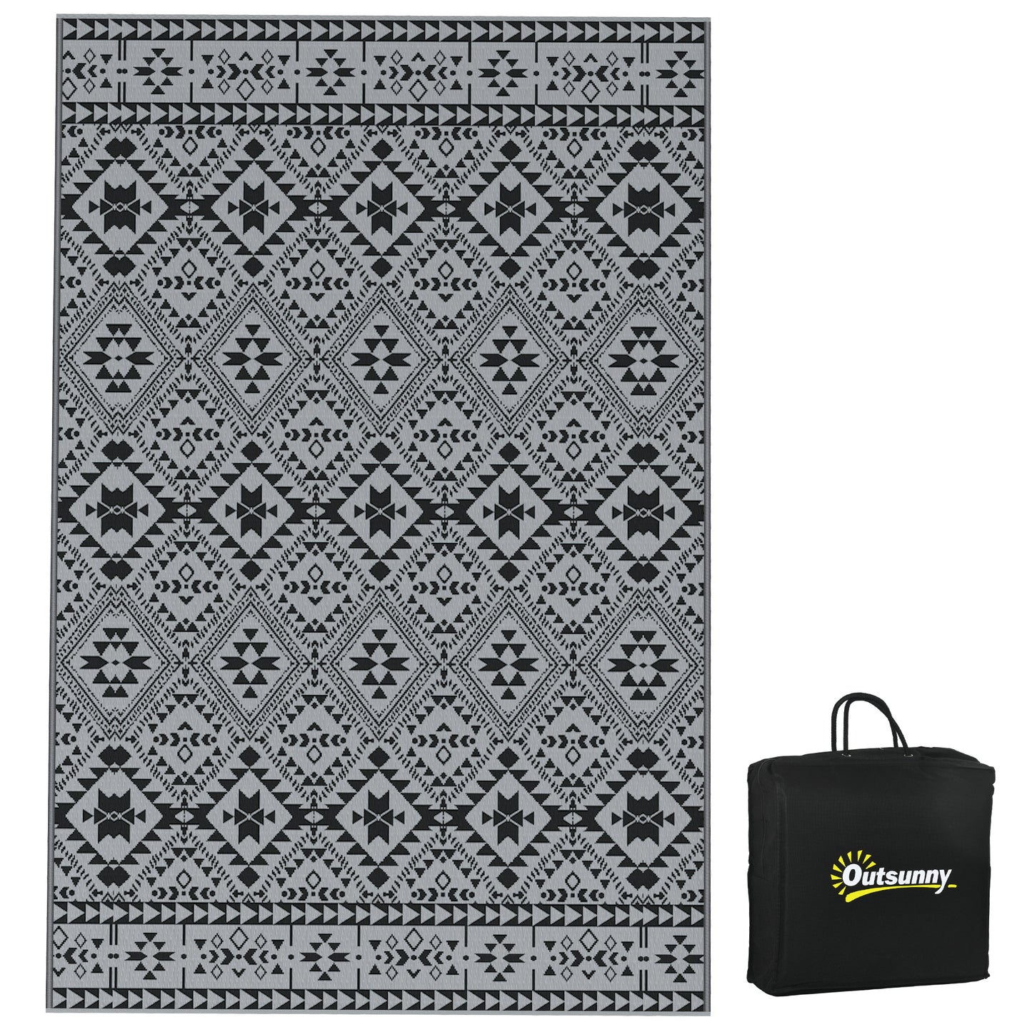 Outsunny 182 x 274cm Reversible Patterned Outdoor Rug, with Bag - Black/Grey--ChewyGames-ChewyGames