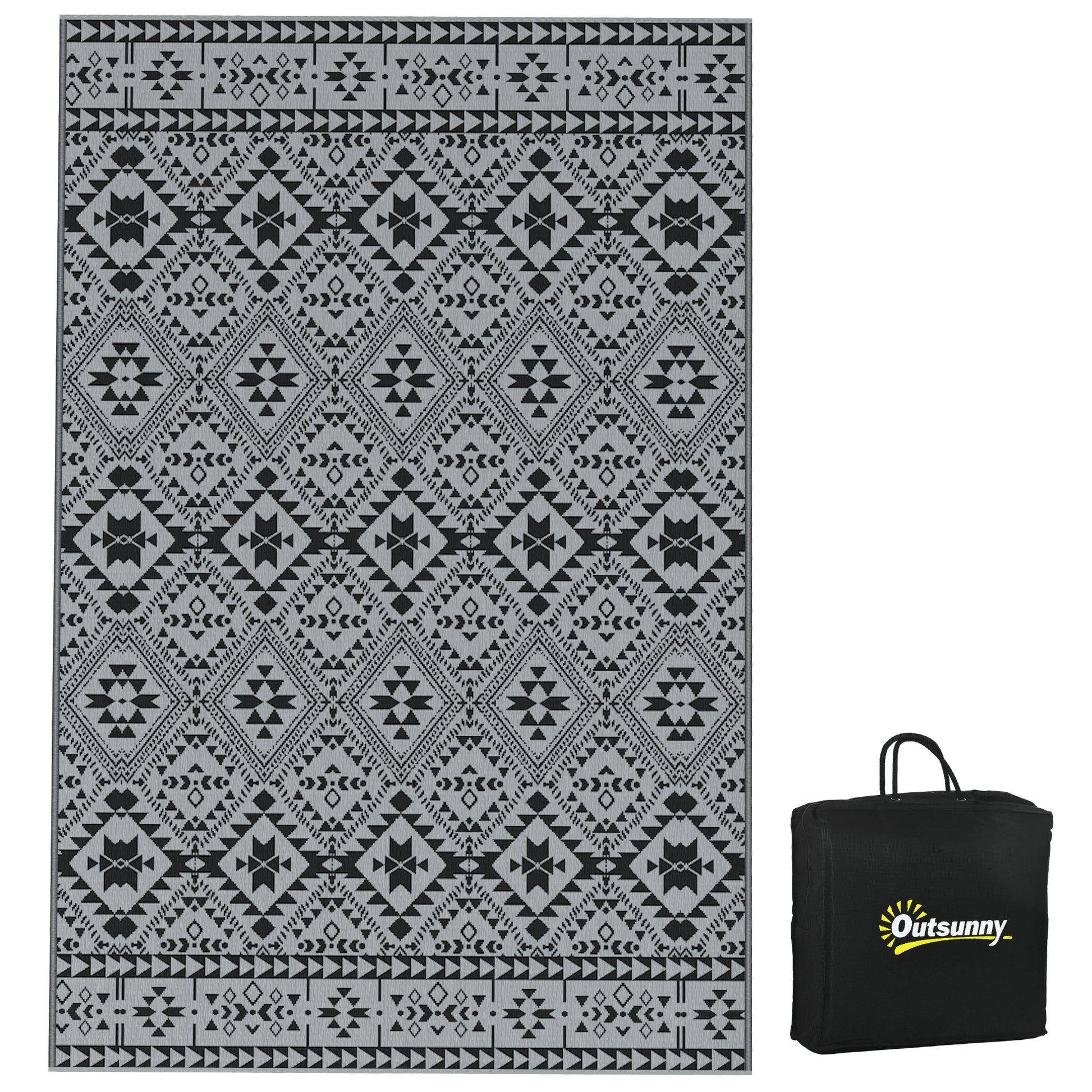Outsunny 182 x 274cm Reversible Patterned Outdoor Rug, with Bag - Black/Grey--ChewyGames-ChewyGames