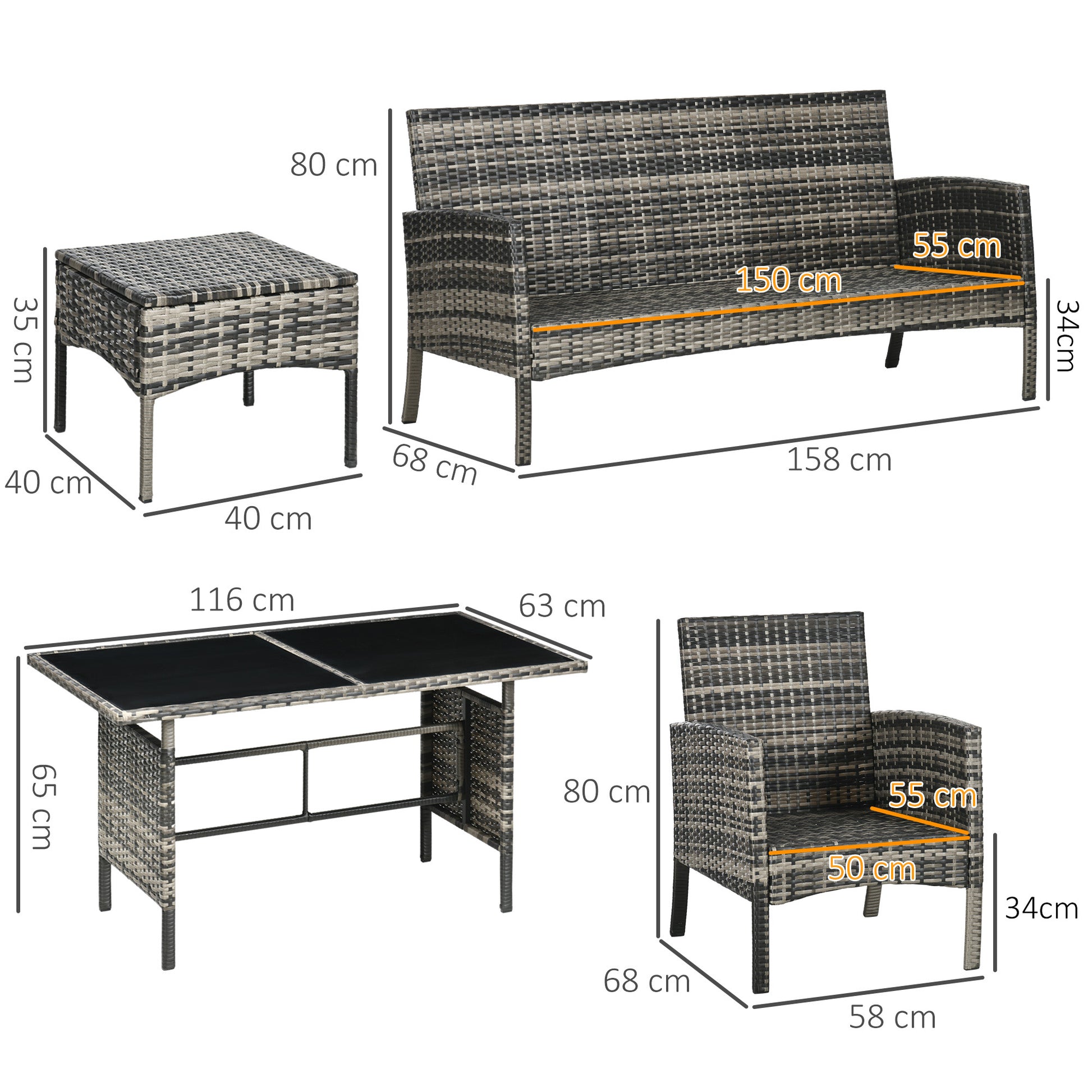 Outsunny 5 Seater Rattan Garden Furniture Set, 2 Armchairs, 3-Seater Wicker Sofa, 2 Footstools and Glass Table, 6 Piece Patio Rattan furniture Sofa Sets with Cushions for Conservatory, Mixed Grey-Outdoor Furniture Sets-ChewyGames-ChewyGames