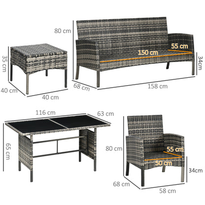 Outsunny 5 Seater Rattan Garden Furniture Set, 2 Armchairs, 3-Seater Wicker Sofa, 2 Footstools and Glass Table, 6 Piece Patio Rattan furniture Sofa Sets with Cushions for Conservatory, Mixed Grey-Outdoor Furniture Sets-ChewyGames-ChewyGames