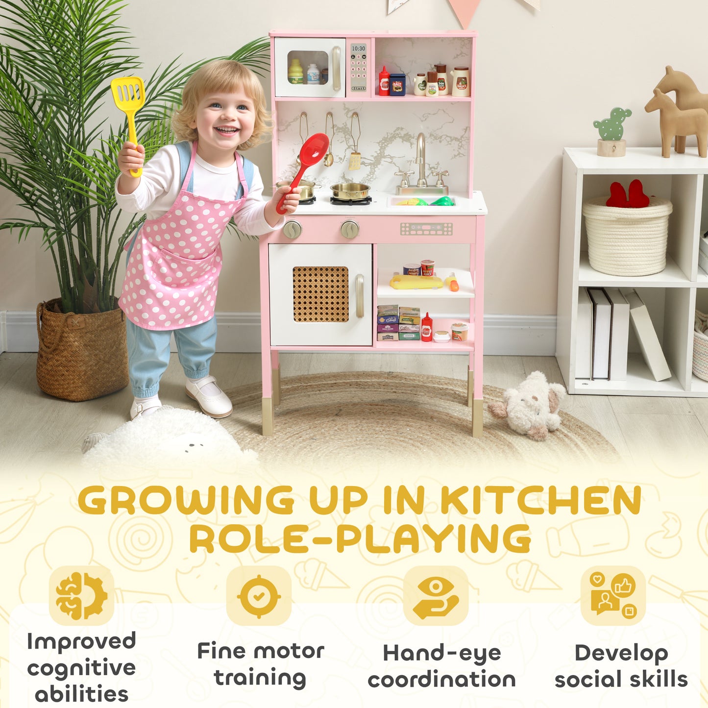 AIYAPLAY Kitchen Playset with Pretend Play Cooking Accessories, Play Kitchen with Oven, Microwave and Sink, Pink--ChewyGames-ChewyGames