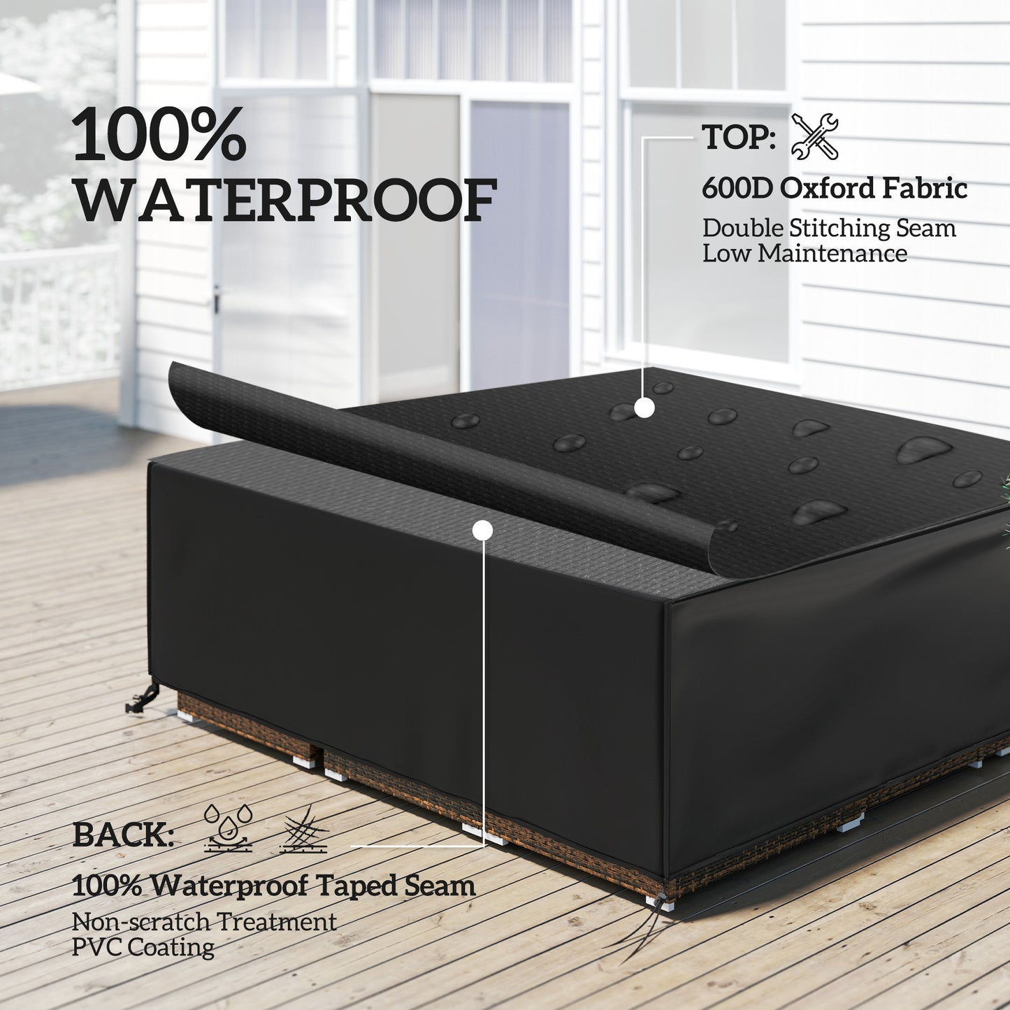 Outsunny Large Patio Garden Furniture Set Cover 600D Oxford Square Waterproof, 230 x 230 x 70 cm, Black