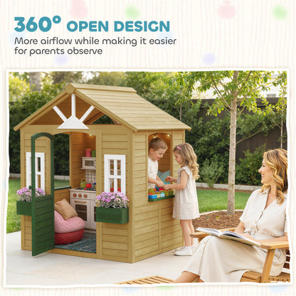 AIYAPLAY Outdoor Kids Playhouse, Wooden Wendy House with Door, 3 Windows, 2 Flower Boxes for Garden, Indoor Playroom