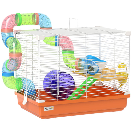 PawHut 2 Tier Hamster Cage, Gerbil Cage with Handle, Exercise Wheels, Tunnel, Water Bottle, Dishes, Ladder, for Dwarf--ChewyGames-ChewyGames