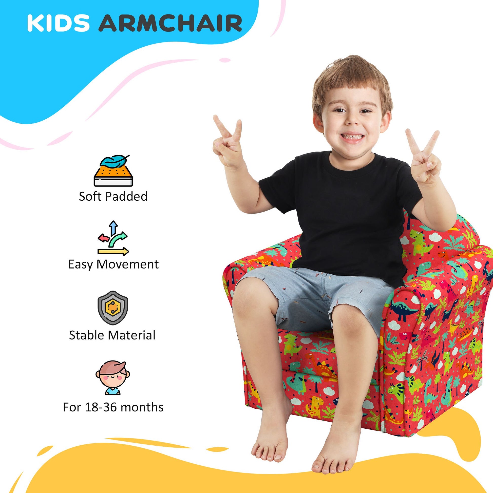 AIYAPLAY Kids Armchair with Dinosaur Design, Wooden Frame, for Bedroom, Playroom, Kids Room - Red--ChewyGames-ChewyGames