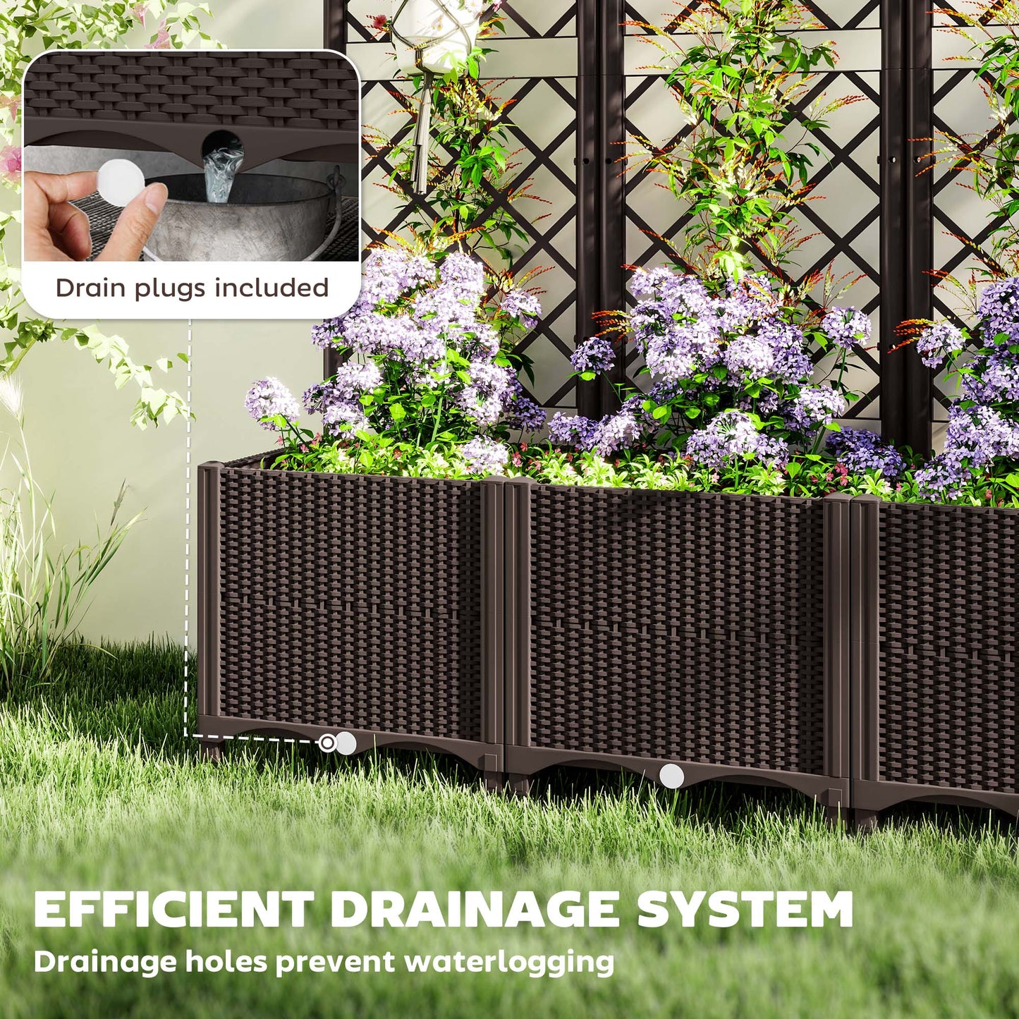Outsunny Raised Garden Bed with Trellis, Plastic Planter Box with Drainage Holes, Drain Plugs and Water Reservoirs for Climbing Plants, Vegetables, Flowers, Brown