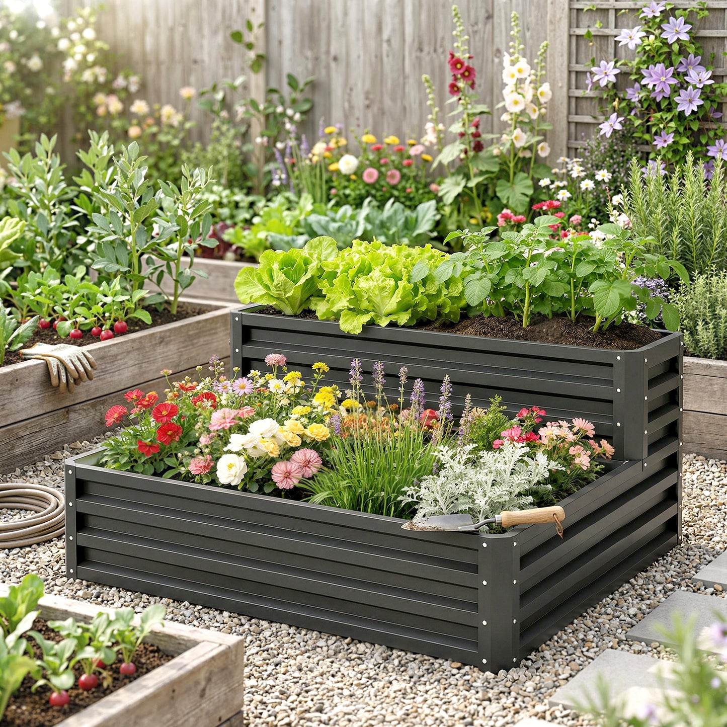 Outsunny 2 Tier Raised Garden Bed, Galvanised Planter Box with Open Bottom for Vegetables Flowers Herbs, 120x101x58cm, Dark Grey