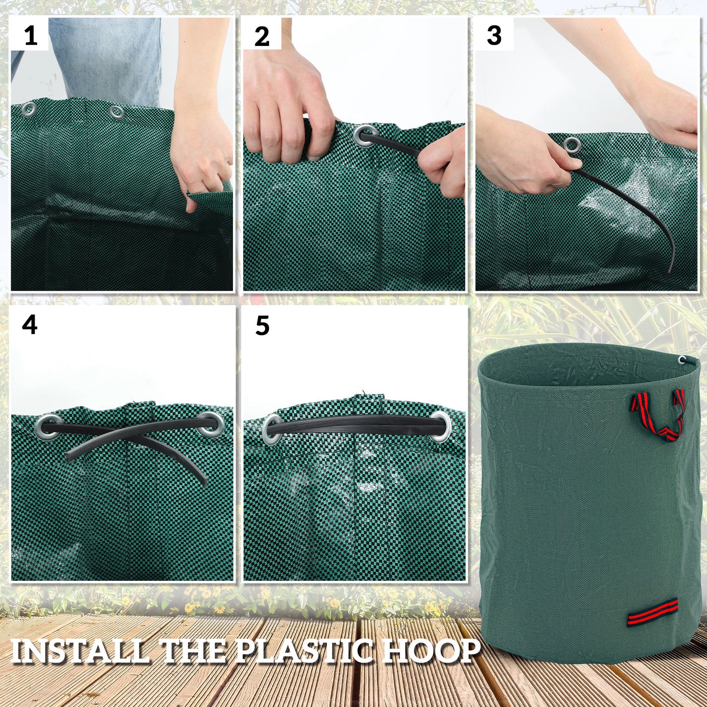 Outsunny Garden Waste Bags, 300L x 3 Heavy Duty Garden Bags, Foldable and Reusable Waste Sacks with Handles for Loading Leaf, Trash, Debris, Green