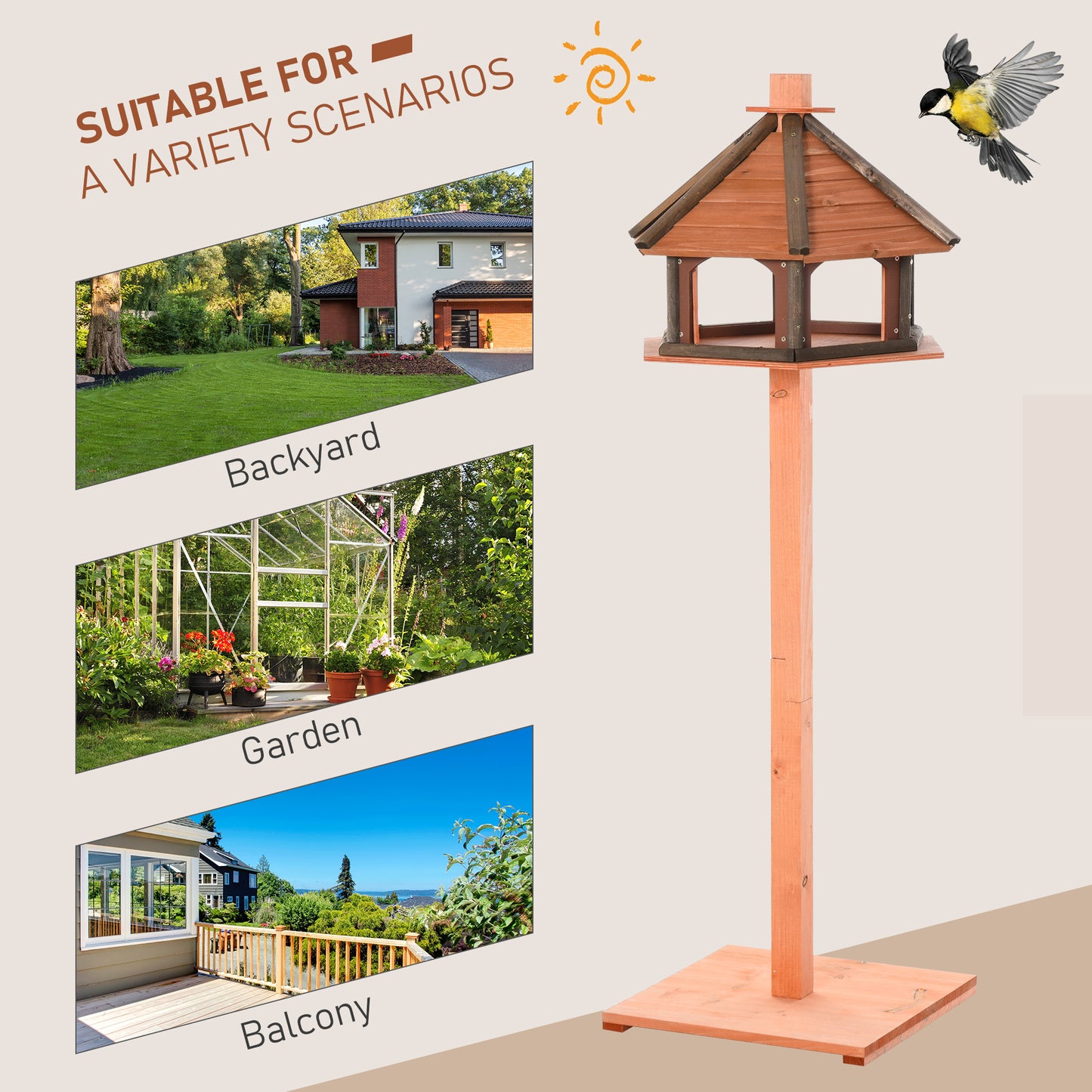 PawHut 130cm Wooden Bird Table, Feeding Station with Roof for Outdoor, Brown