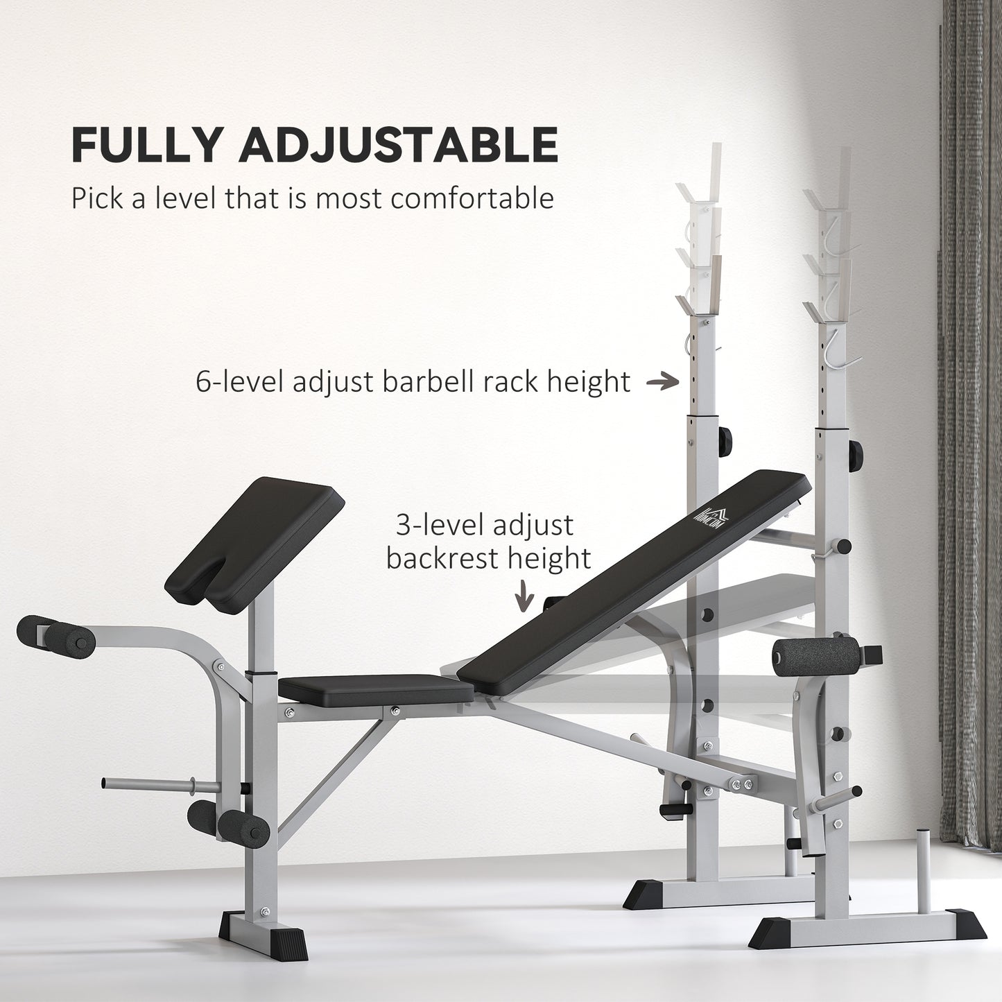 HOMCOM Adjustable Weight Bench with Squat Rack, Heavy Duty Bench Press Rack with Preacher Curl Pad, Leg Developer, Barbell Rack, Butterfly, Home Gym Strength Training Multiuse Workout Bench, Grey