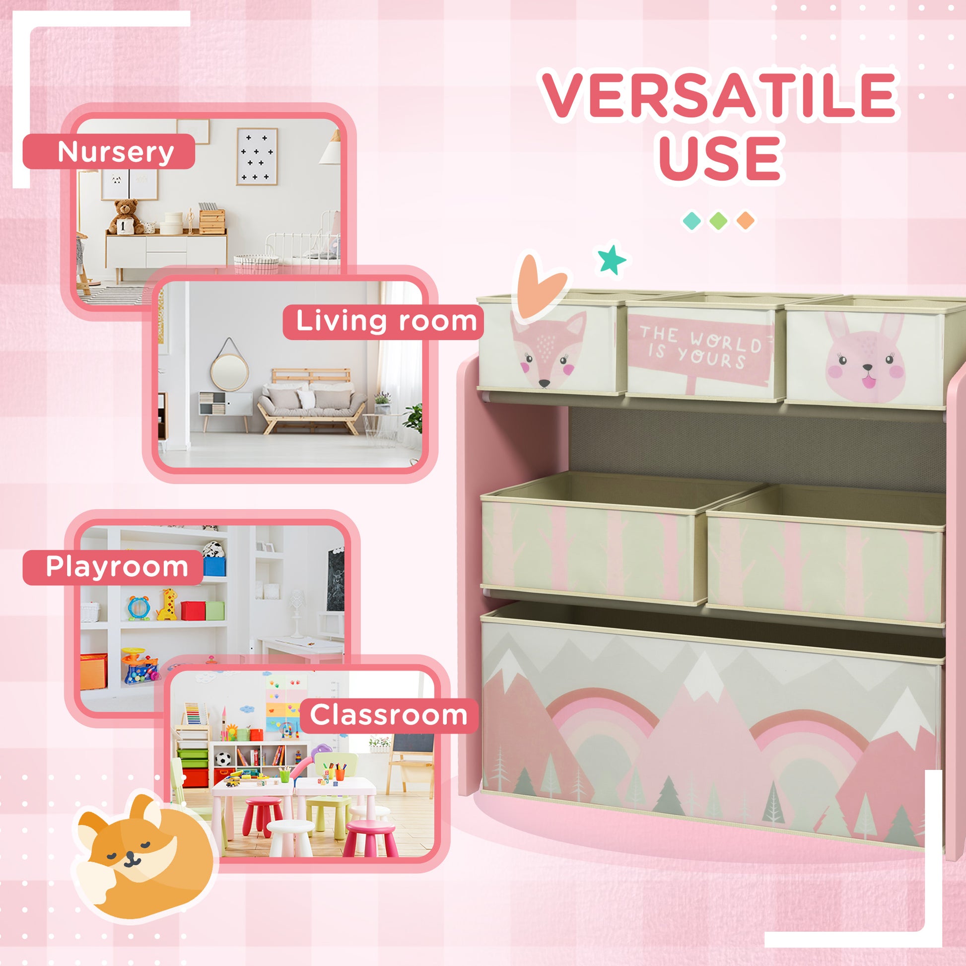 ZONEKIZ Kids Storage Unit, Toy Storage Organiser, with Six Fabric Bins, for Bedrooms, Playrooms, Nurseries - Pink--ChewyGames-ChewyGames