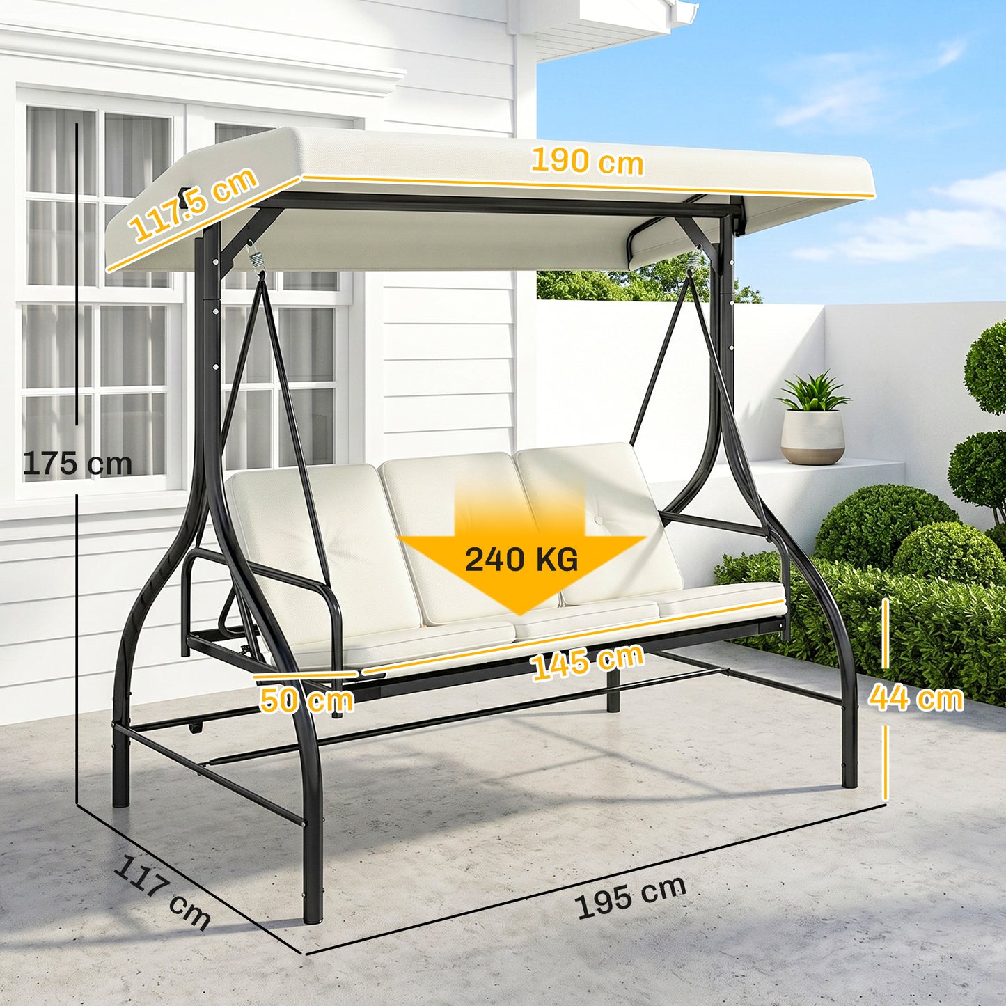 Outsunny 3 Seater Canopy Swing Chair, 2 in 1 Garden Swing Seat Bed, with Adjustable Canopy and Metal Frame, Cream White