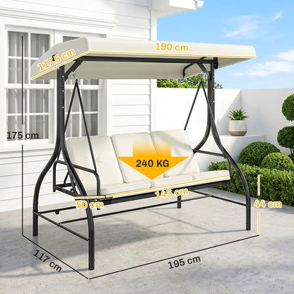Outsunny 3 Seater Canopy Swing Chair, 2 in 1 Garden Swing Seat Bed, with Adjustable Canopy and Metal Frame, Cream White
