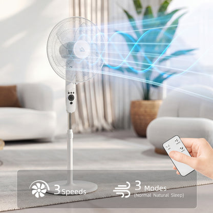 HOMCOM 124cm Pedestal Fan with Sleep Mode, Oscillating Standing Fan with 3 Modes, Remote Control, Adjustable Height, White--ChewyGames-ChewyGames