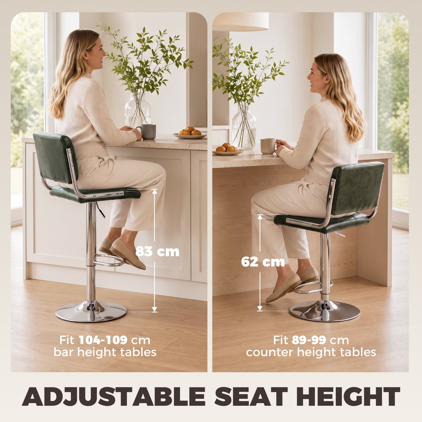HOMCOM Bar Stools Modern PU Leather Adjustable Breakfast Bar Stools Backrest Set of 2 Green