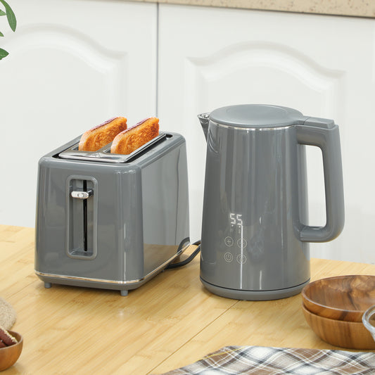 HOMCOM Digital Stainless Steel Kettle and Toaster Set, 1.5L 3000W Fast Boil Kettle, 2 Slice Toaster with 7 Level Browning Controls, Defrost, Reheat, Keep Warm, Crumb Tray and LED Touch Display, Grey