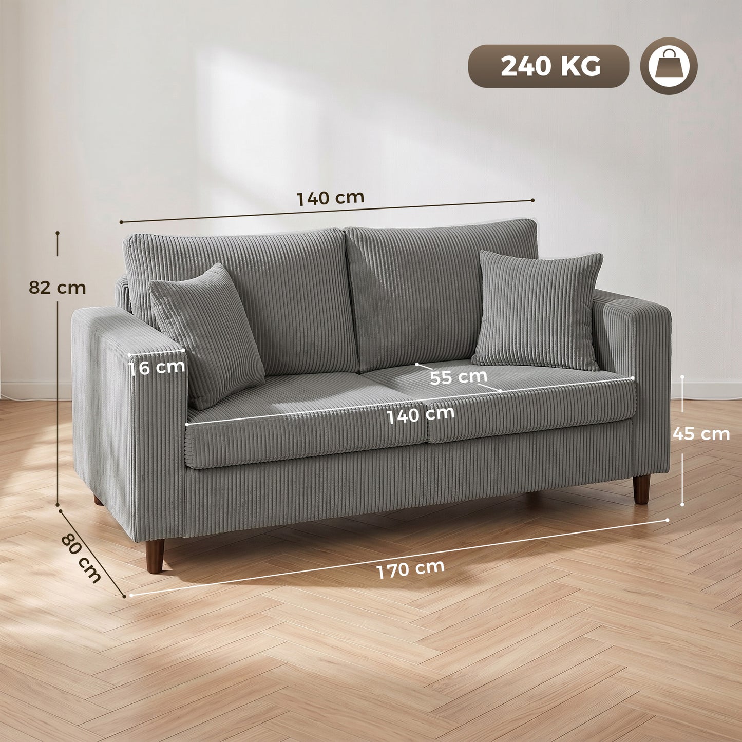 HOMCOM Loveseat Sofa with Wide Seat, Corduroy 2 Seater Couch with Deep Seat, Spring Cushion, Light Grey