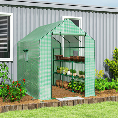 Outsunny Walk-in Greenhouse with 3 Tier 12 Shelves, Small Greenhouse with Reinforced PE Cover, Garden Plant Growhouse with Roll-up Door and Three Mesh Windows, 140 x 213 x 190 cm, Green