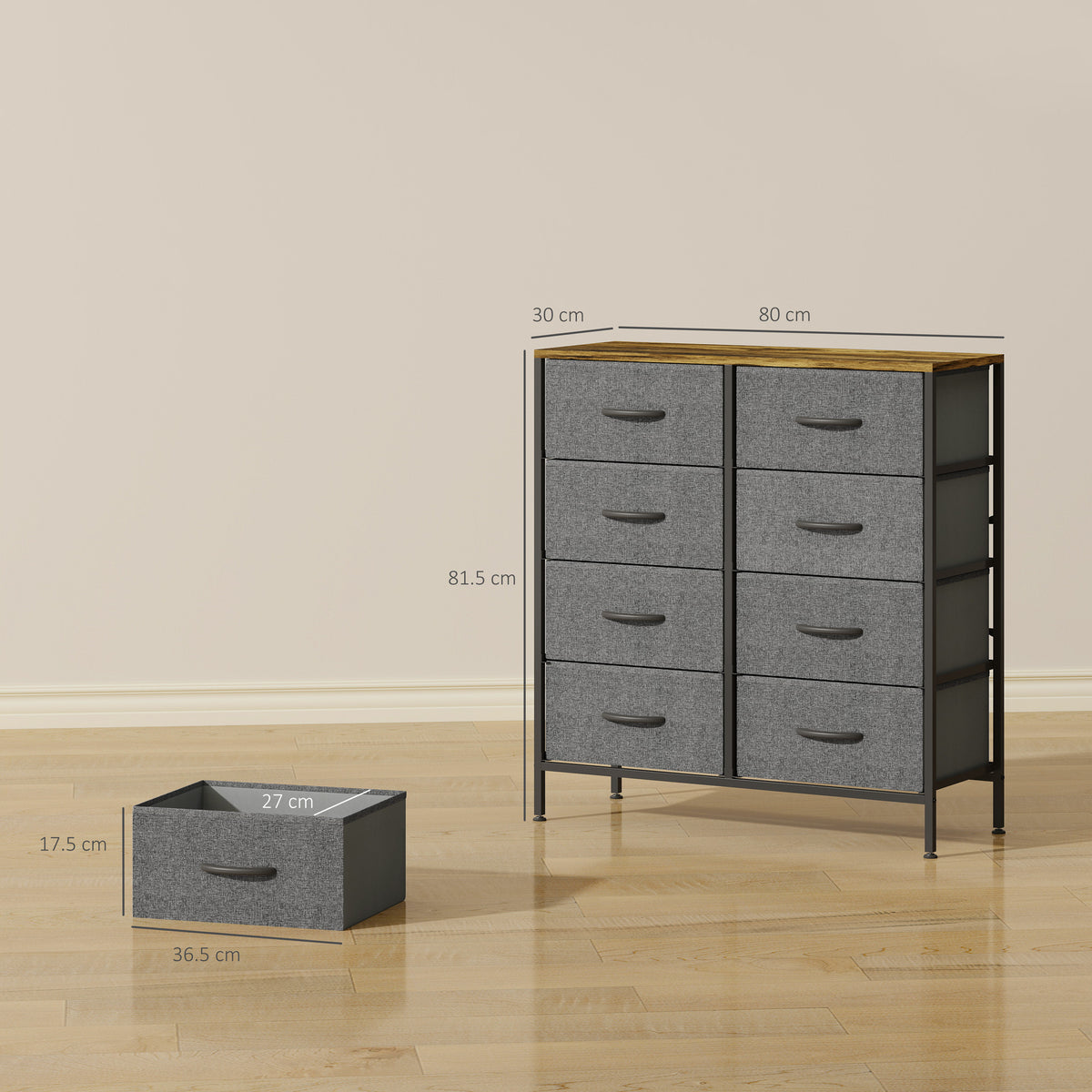 HOMCOM Fabric Chest of Drawers, Industrial Bedroom Dresser with 8 Fabric Drawers, Steel Frame and Wooden Top for Nursery, Living Room, Hallway, Rustic Brown and Grey-Dressers-ChewyGames-HOMCOM