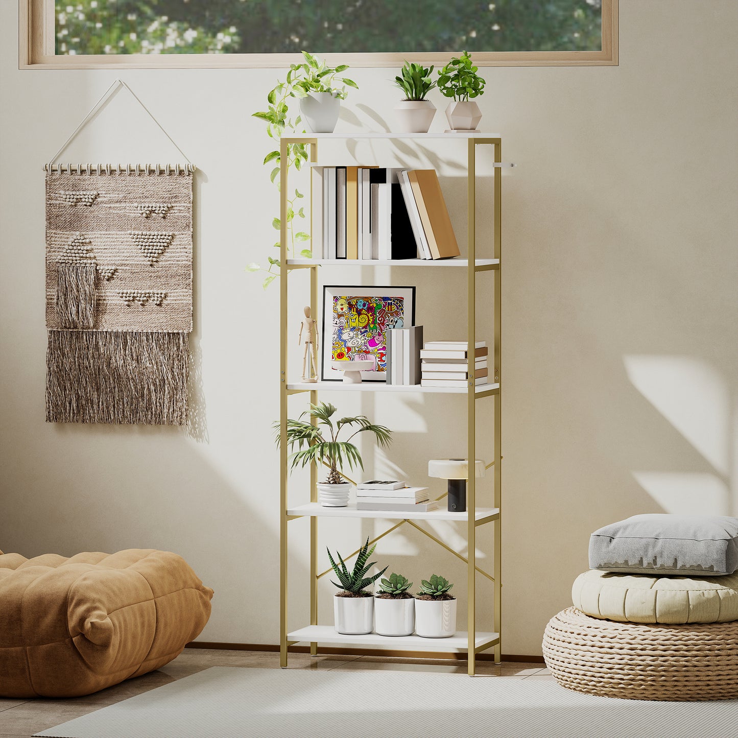 HOMCOM 5-Tier Bookshelf, Modern Bookcase with Metal Frame - White and Gold Tone