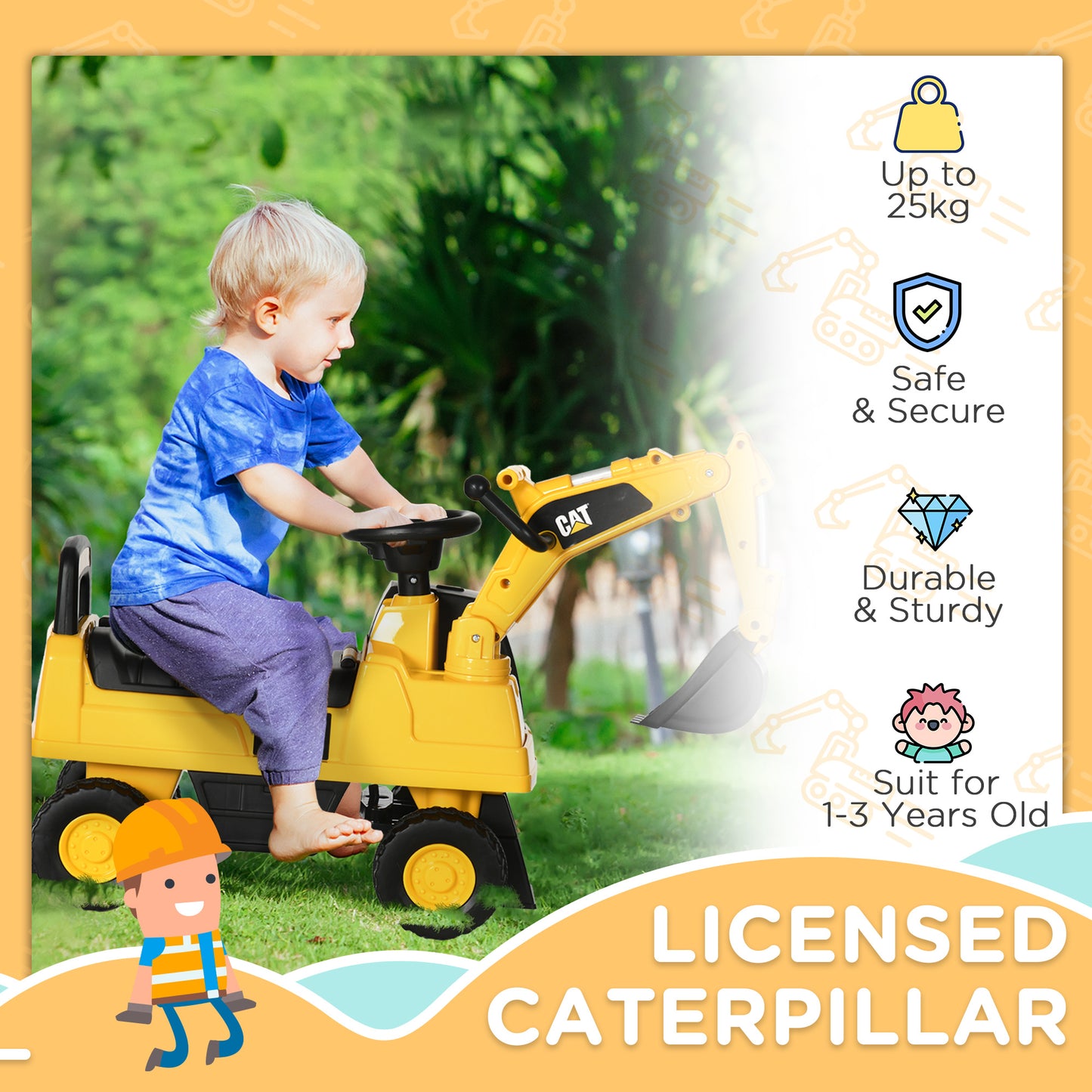 HOMCOM CAT Licensed Kids Ride on Digger Toddler Pretend Construction Play Toy Foot-To-Floor Ride-On Toy w/ Manual Shovel, Horn, Hidden Storage, for Ages 1-3 Years--ChewyGames-ChewyGames