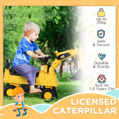 HOMCOM CAT Licensed Kids Ride on Digger Toddler Pretend Construction Play Toy Foot-To-Floor Ride-On Toy w/ Manual Shovel, Horn, Hidden Storage, for Ages 1-3 Years--ChewyGames-ChewyGames