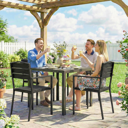 Outsunny Stackable Garden Chairs Set of 4, Garden Dining Chairs with Slatted HDPE Seat Back, Armrests, Metal Frame, Black