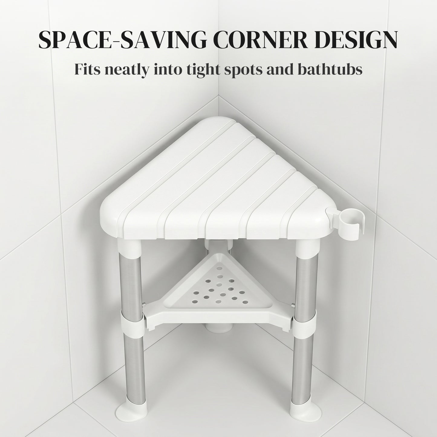 HOMCOM Shower Stool, Aluminium Alloy Corner Shower Chair with Storage Shelf and HDPE Seat, Adjustable Height, White