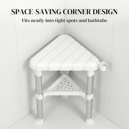 HOMCOM Shower Stool, Aluminium Alloy Corner Shower Chair with Storage Shelf and HDPE Seat, Adjustable Height, White