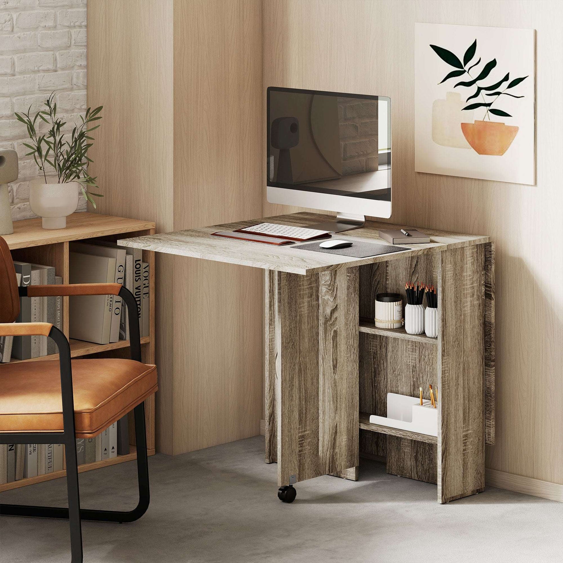 HOMCOM 80-140 cm Folding Dining Table for 4-6 People, Drop Leaf Table with 2-Tier Shelves, Rolling Casters, for Small Spaces, Kitchen, Flat, Dining Room, Grey