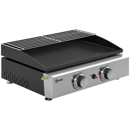 Outsunny 2 Burner Grill Griddle, Portable Gas Plancha with Warming Rack, 5 kW, Tabletop Gas BBQ with Grease Cup, Black