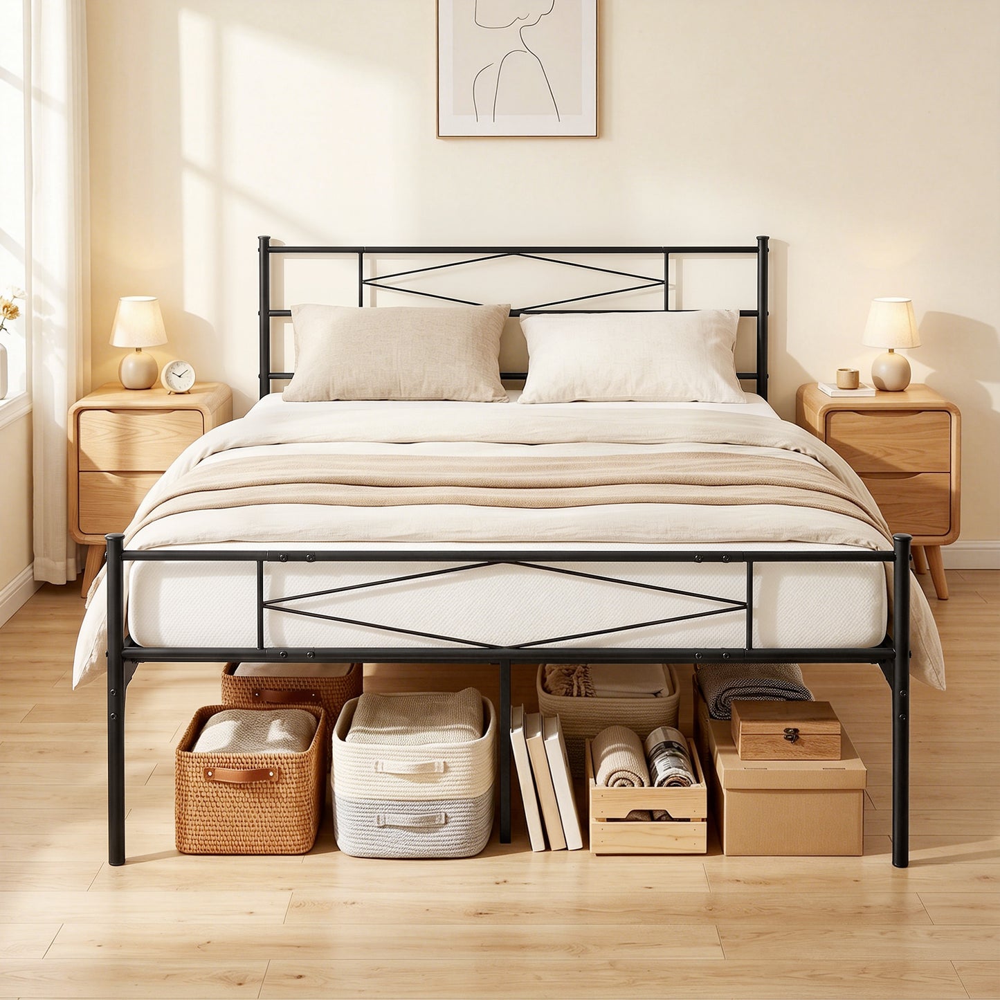 HOMCOM 5ft King Bed Frame with Headboard and Footboard, Metal Platform Bed Frame with 32 cm Underbed Storage, Black