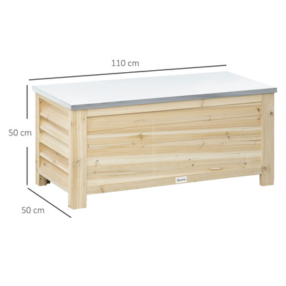 Outsunny 155L Outdoor Storage Box with Metal Top and Shutter Walls, Wooden Outside Tool organiser Container, for Garden, terrace--ChewyGames-ChewyGames