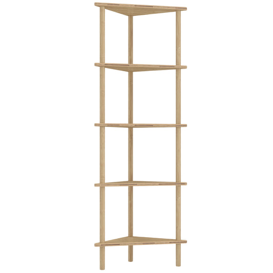 HOMCOM Bamboo Storage Shelf, 5-tier Corner Shelf, Freestanding Shelving Unit for Living Room, Home Office, Natural Wood Finish