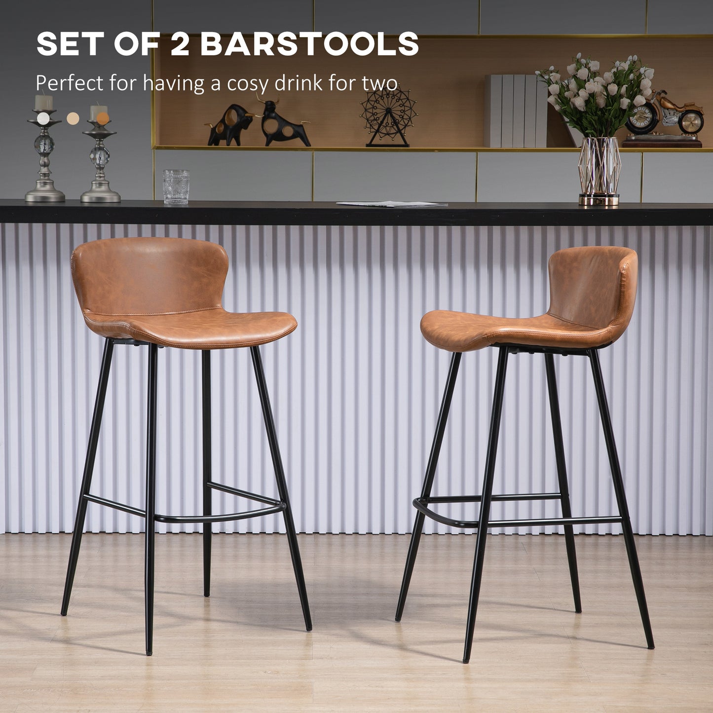 HOMCOM Bar Stools Set of 2, PU Leather Upholstered Bar Chairs, Breakfast Kitchen Counter Chairs with Backs, Steel Legs and Footrests for Dining Room, Brown