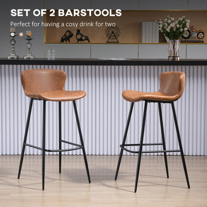 HOMCOM Bar Stools Set of 2, PU Leather Upholstered Bar Chairs, Breakfast Kitchen Counter Chairs with Backs, Steel Legs and Footrests for Dining Room, Brown